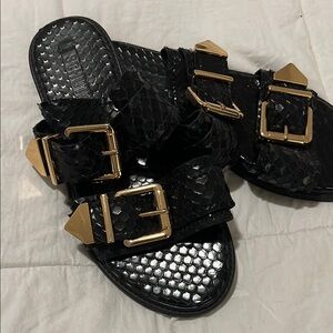 Schutz Black Slide Sandals with Gold Buckles